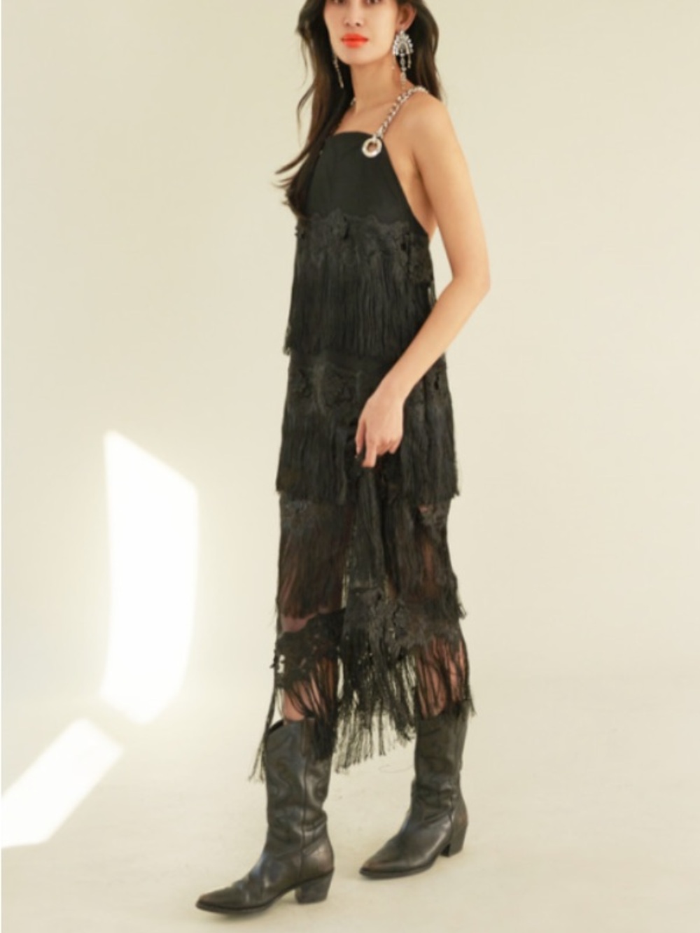 Dylanlex Dlex Tan Chain Strap Fringe Satin Midi Dress Women’s Size XXL NEW